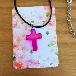 Pink Resin 1” Cross Pendant Necklace with 16” cord.